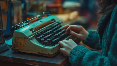 Vintage typewriter in warm bokeh-lit writer&rsquo;s workspace.