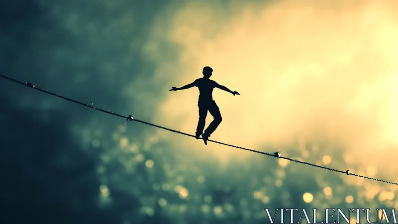 Silhouetted tightrope walker over glowing bokeh horizon.