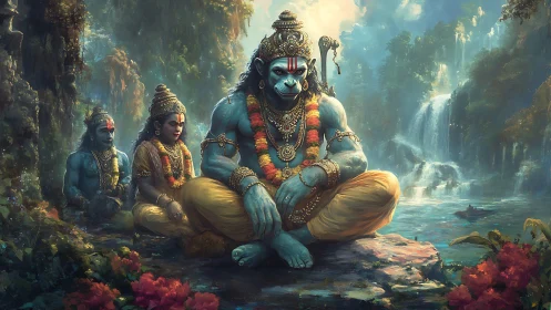 Divine simian guardian meditates by lush celestial falls.