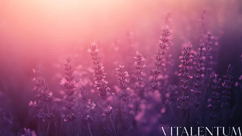 Lavender field with depth of field effect, warm pink to purple gradient