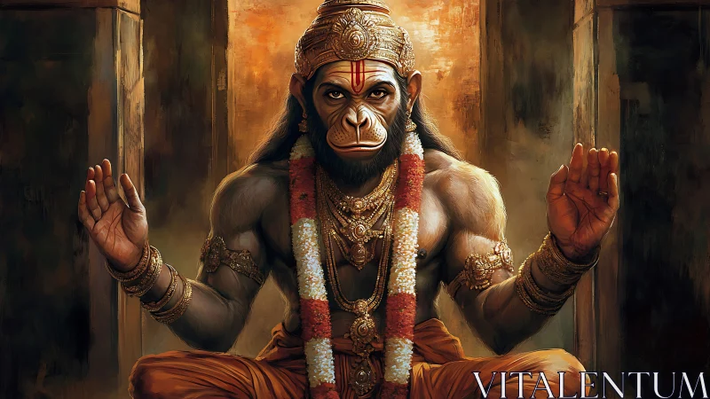 Divine simian deity meditates within warm temple light.