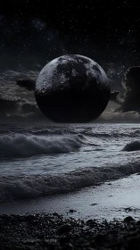 Photorealistic lunar horizon over nocturnal breaking surf.