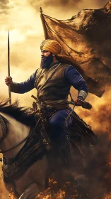 Gallant turbaned warrior rides forward through golden fire.