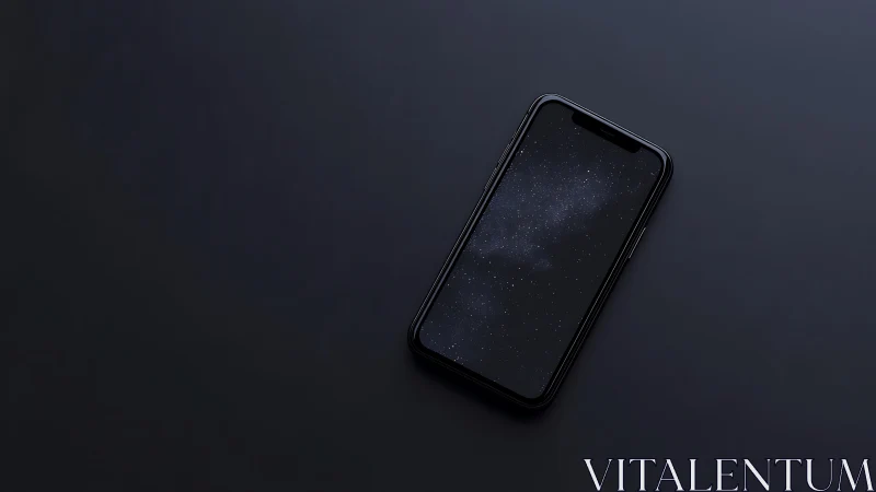 Minimalist black smartphone rests on dark cosmic surface.