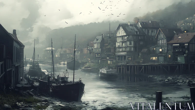Fog-draped harbor village dreaming in muted twilight tones.