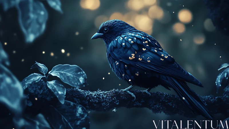 Mystical Dark Bird Perched on Illuminated Branch