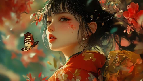 Young woman in floral kimono gazes at butterfly calmly