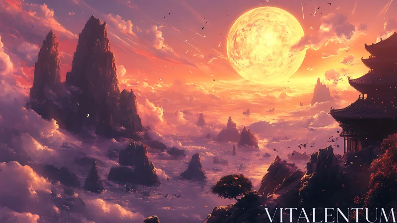 Golden moonrise bathes misty peaks and tranquil temple