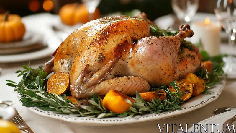 Herb roasted holiday turkey with citrus and candlelight glow.