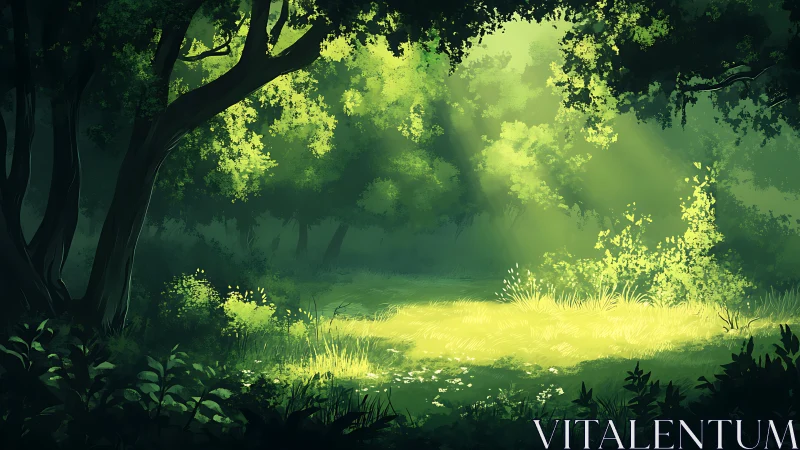 Sunlit Forest Glade: Nature's Glowing Haven.