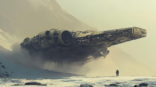 Quiet rendezvous with a starship above a frozen valley.