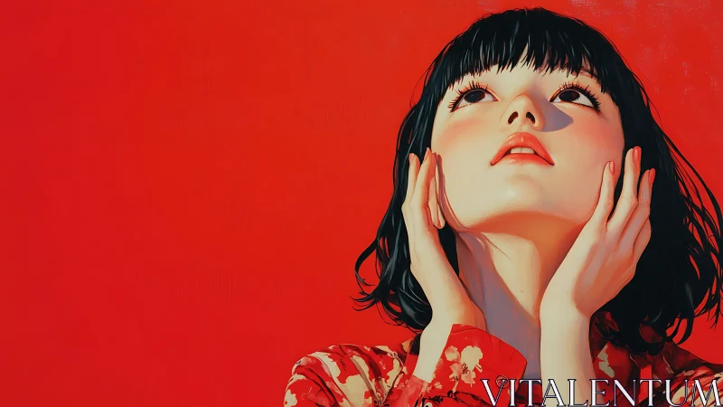 High chroma portrait of upward gazing woman on red field