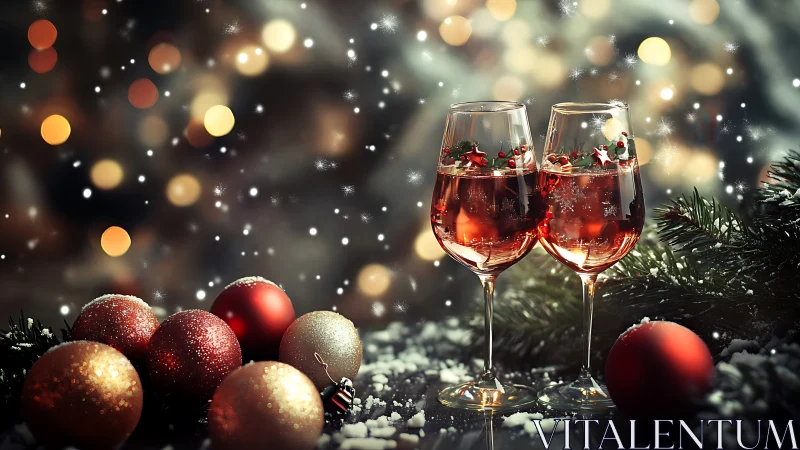 Holiday cocktails with ornaments in shallow-focus bokeh lighting