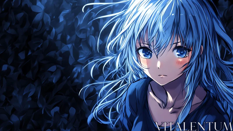 Blue haired anime girl in low light against leaf backdrop.