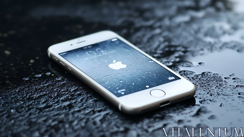 White iPhone on Wet Surface. Raindrops Glisten. Apple Logo Glows.