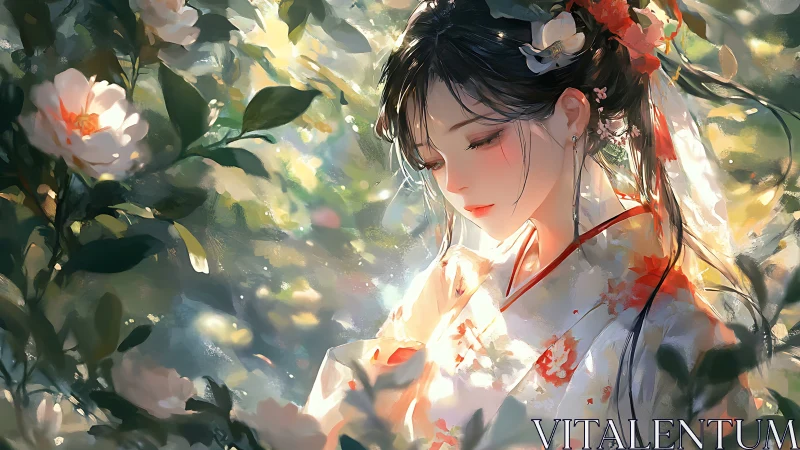 Digital portrait depicts woman in floral kimono amid foliage