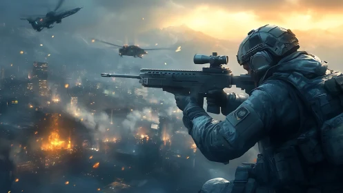 Futuristic sniper overwatch above burning cyber cityscape.