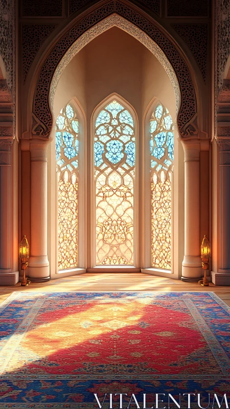 Sunlit stained-glass archway illuminates ornate prayer hall.