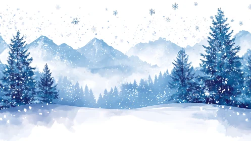 Atmospheric winter conifer forest with layered alpine ranges.