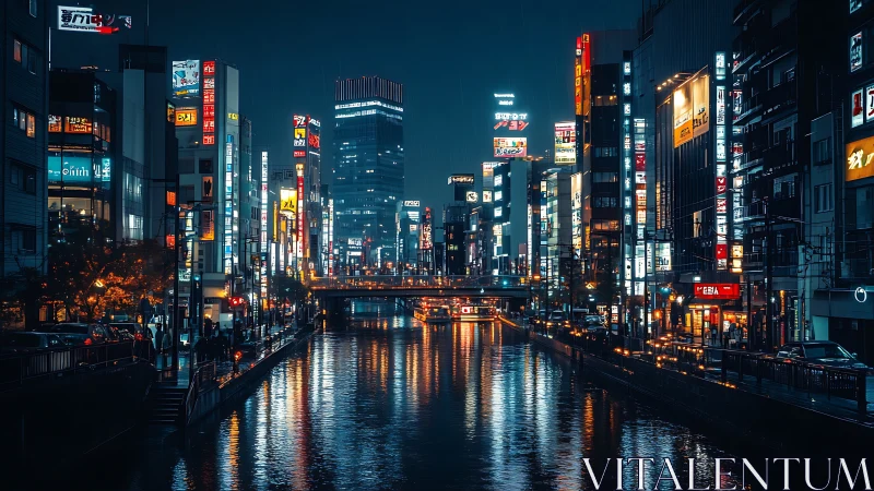 Neon city river glows gently under a calm rainy night sky
