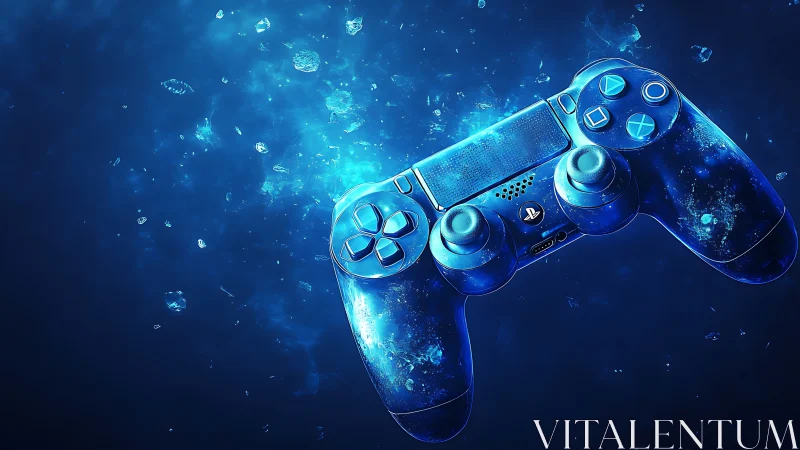 Starlit blue game controller drifting through cosmic sparks.