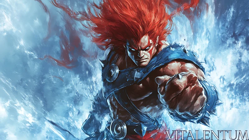 Flaming-maned warrior punches through frozen storm.