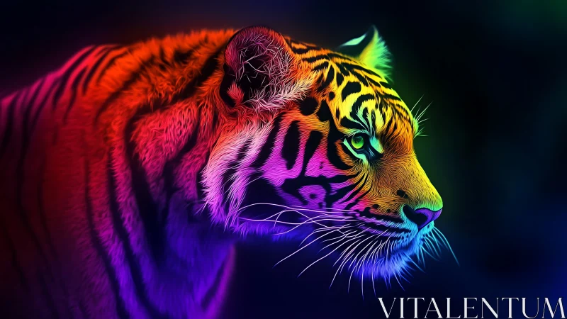 Radiant neon tiger gazes ahead in glowing rainbow light