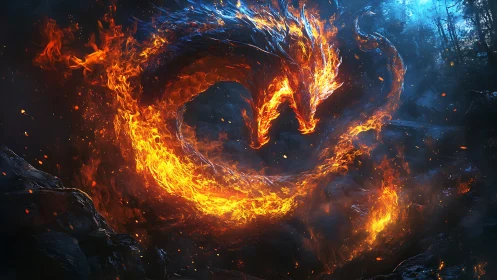 Fiery serpentine dragon form swirling in dark forest night.
