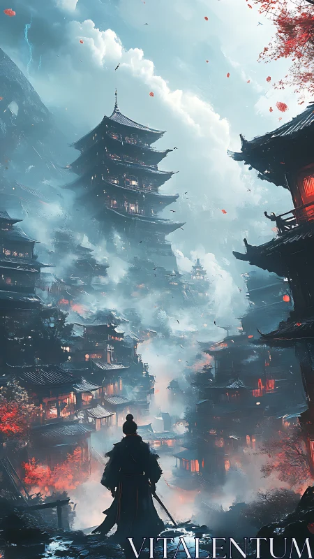 Lone warrior gazes over misty lantern city at dawn.