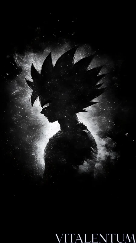 Silhouette of spiky-haired anime figure in monochrome profile.