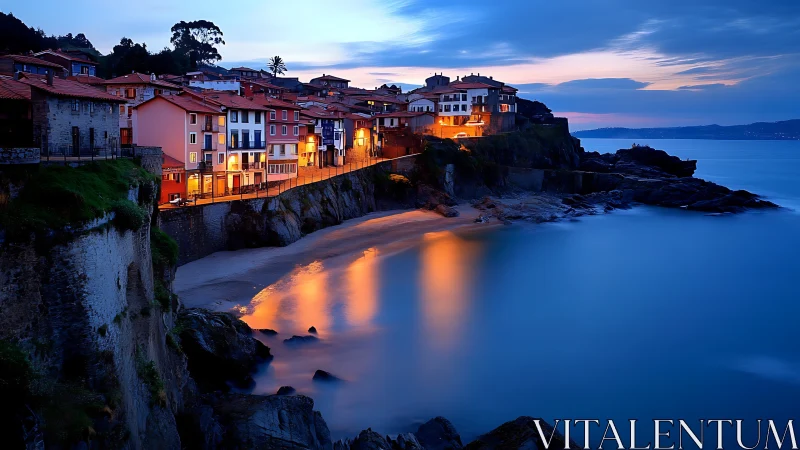 Coastal village buildings overlook illuminated evening bay