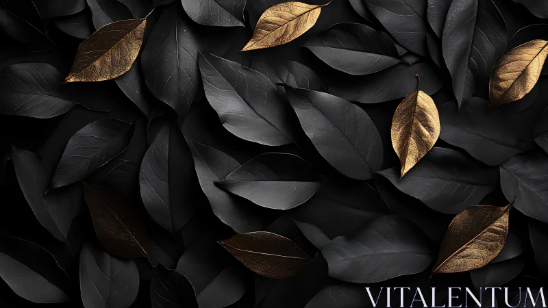 Gold and black leaves forming a contrasting flat lay pattern.