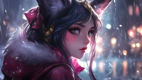 Fox-eared anime girl in winter city rain at night.