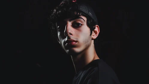 Young man in low key cap portrait with side lighting.