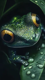 Emerald tree frog macro with luminous golden eyes.