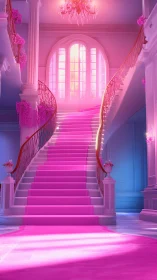 Radiant pink palace staircase drenched in sunrise magic.