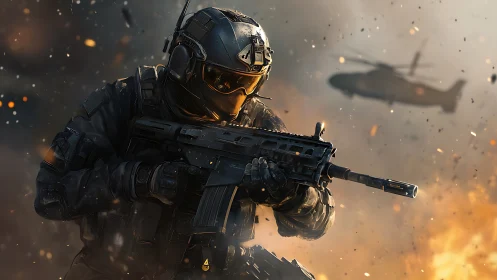 Armored soldier advances through explosive battlefield chaos