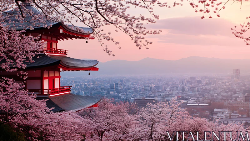Tokyo pagoda overlooks skyline through soft cherry blossom haze.