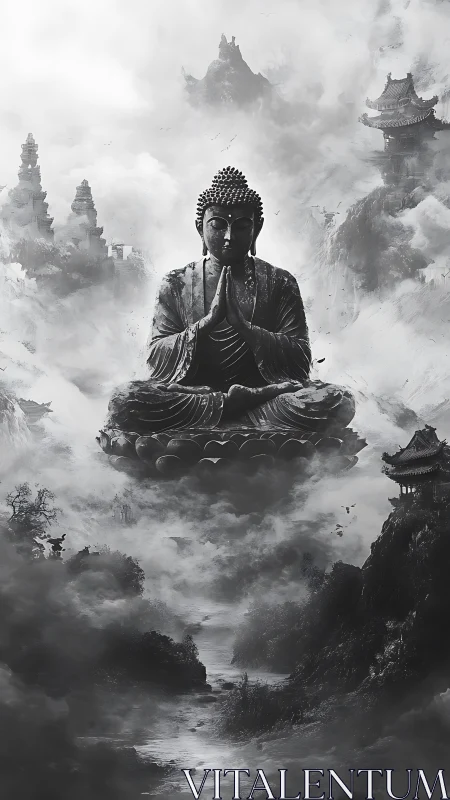 Serene Buddha statue levitates above misty mountain temples.