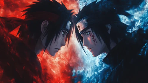 Dual anime portraits in symmetrical red blue elemental clash.