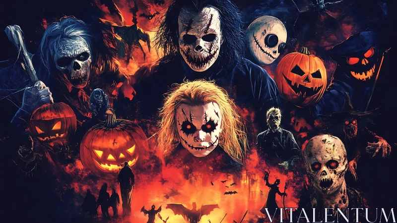 Dense collage of stylized horror masks amid high-contrast fiery Halloween ambience