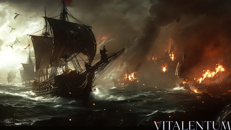 Digital seascape of pirate armada amid burning coastal siege.
