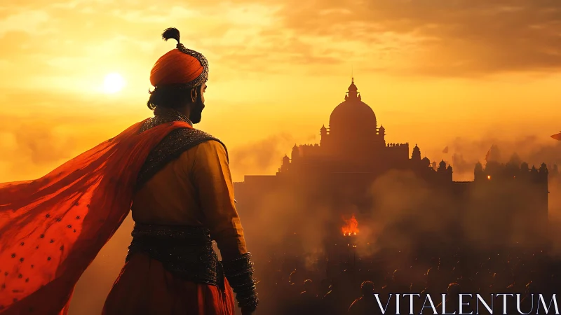 Warrior overlooks fortified palace in hazy orange sunset