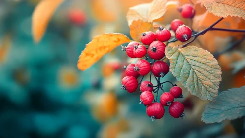 Macro cluster of red berries with teal bokeh foliage background