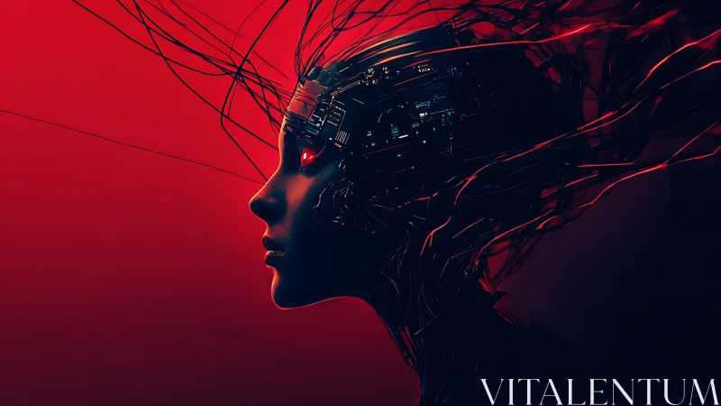 Cybernetic profile silhouette with glowing red interface.