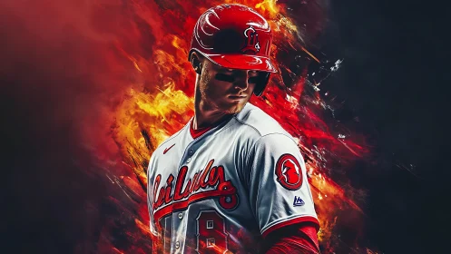 Baseball player stands in fiery abstract background glow