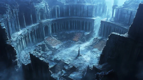 Lone figure in vast ancient circular stone ruins at dusk