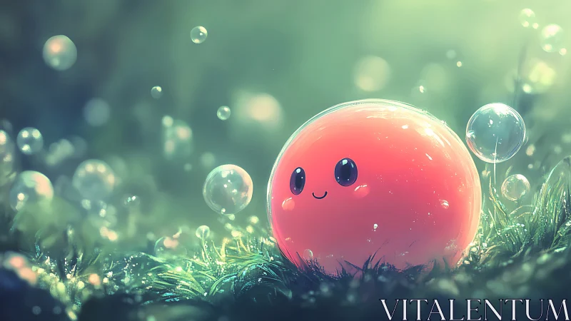 Smiling coral slime orb basking in dewlit forest dreamscape.