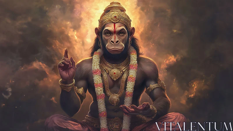 Simian-headed deity figure sits centered in ornate regalia