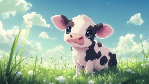Cartoon calf resting in bright meadow under blue sky.